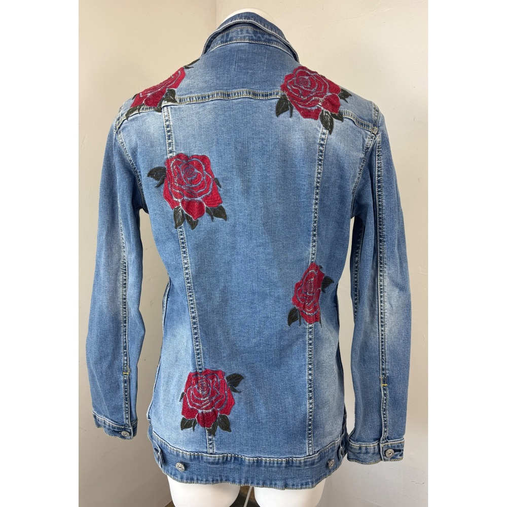 LuLaRoe Denim Jacket Womens M Blue Red Rose Floral Embroidered Stretch Jean Coat - Picture 2 of 10